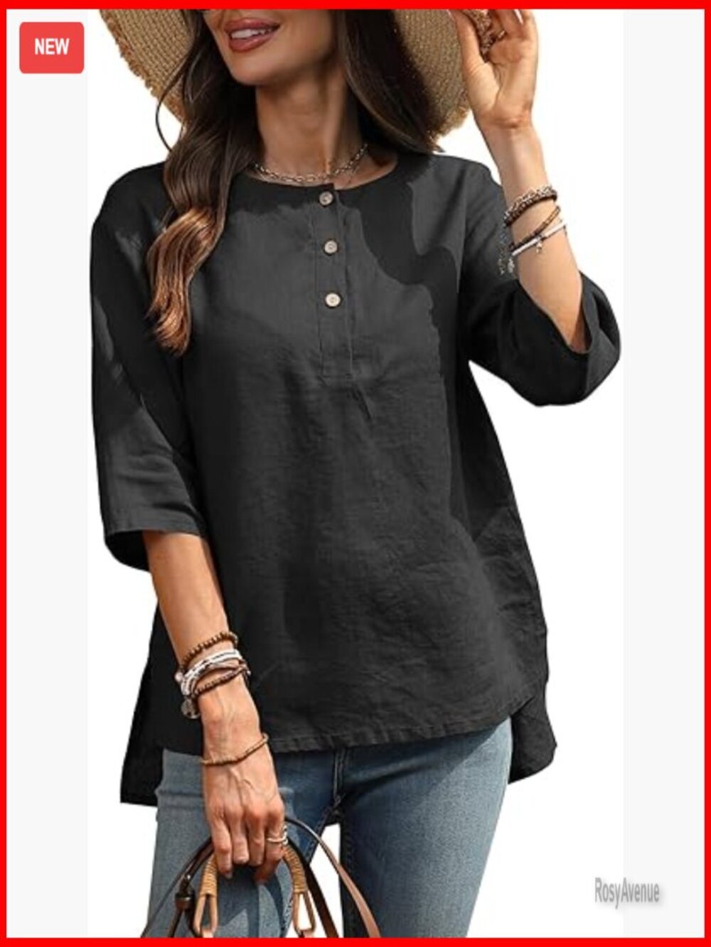 100% Linen Henley Tunic 3/4 Sleeve Button Up Blouse